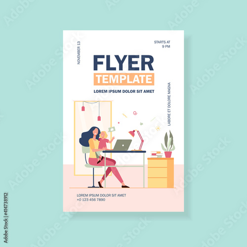 Happy mom combining freelance work and motherhood. Woman sitting at workplace at home and holding child in arms. Flat vector illustration for freelancer, mother, family and career concept