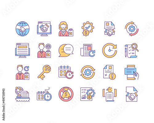 Contract management RGB color icons set. Contract management benefits. Anticipate business needs. Intellectual property agreement. Collecting digital signatures. Isolated vector illustrations