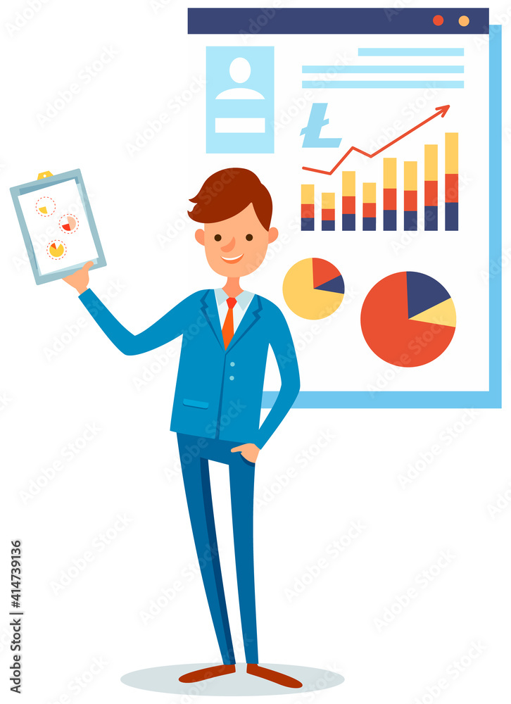 Fototapeta premium Businessman speaker giving presentation of what is blockchain technology using visual aids. Business conference meeting concept, man standing near poster with cryptocurrencies financial analytics