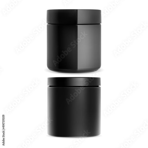 Plastic cream jar. Cosmetic cream container mockup. Black Gloss packaging for charcoalscrub, powder or wax isolated. Round facial treatment canister illustration. Gel can mock up blank