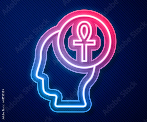 Glowing neon line Cross ankh icon isolated on blue background. Vector.