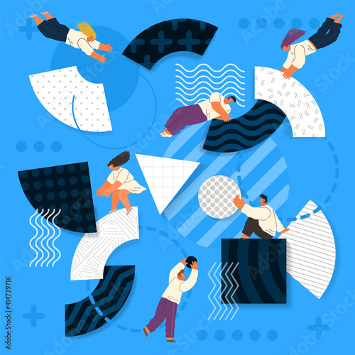 People flying in abstract imaginary space organizing geometric shapes. Young man and woman collecting figures. Teamwork and team building organization concept. Coworking and business partnership