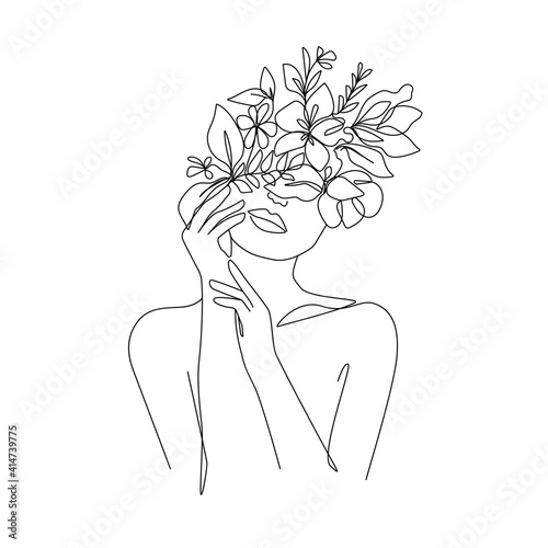 Woman Head with Flowers Line Vector Drawing. Style Template with Female Face with Flowers. Modern Minimalist Simple Linear Style. Beauty Fashion Design