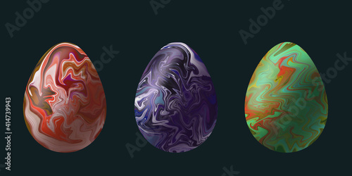 three colorful Easter eggs on a dark background with stains of paint that looks like marble