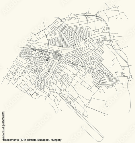 Black simple detailed street roads map on vintage beige background of the neighbourhood Rákosmente 17th district (XVII kerület) of Budapest, Hungary