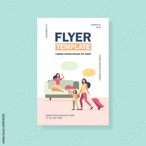 Mom and little daughter with luggage going to vacation. Woman with cat staying at home flat vector illustration. Travel, communication concept for banner, website design or landing web page