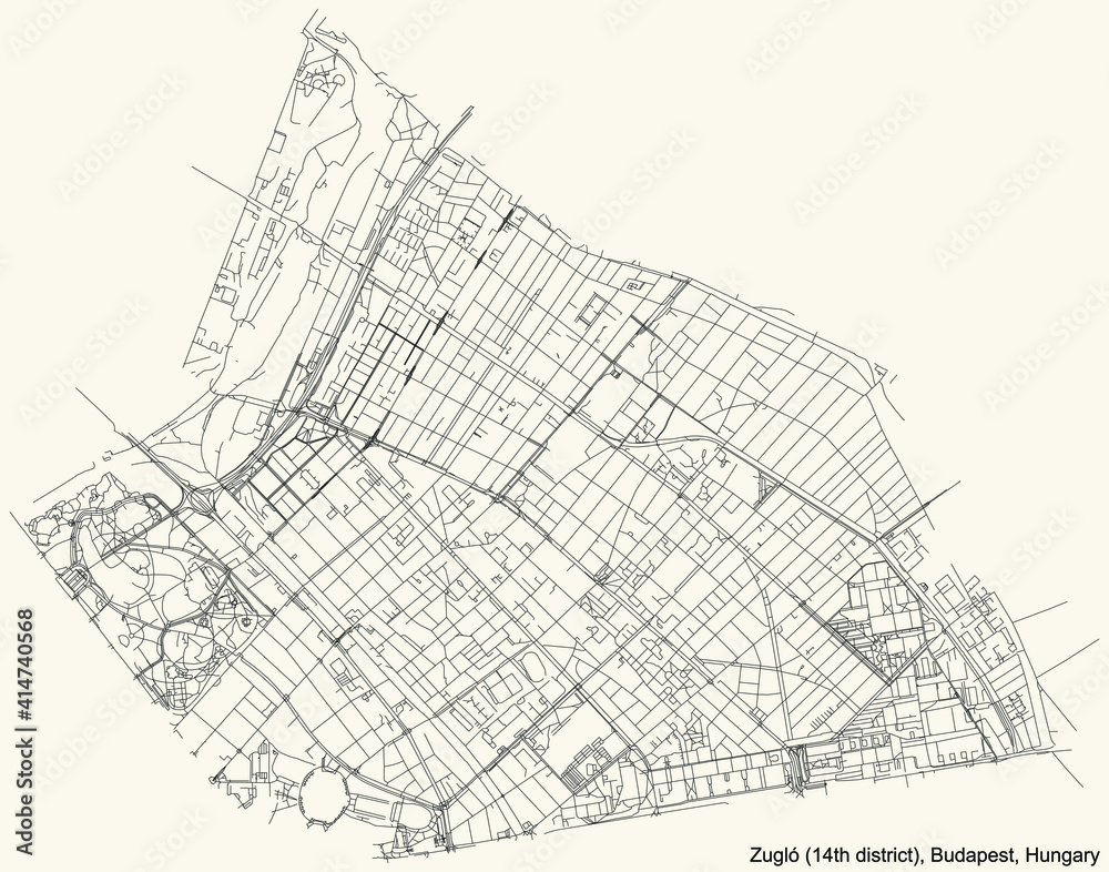 Black simple detailed street roads map on vintage beige background of the neighbourhood Zugló 14th district (XIV kerület) of Budapest, Hungary