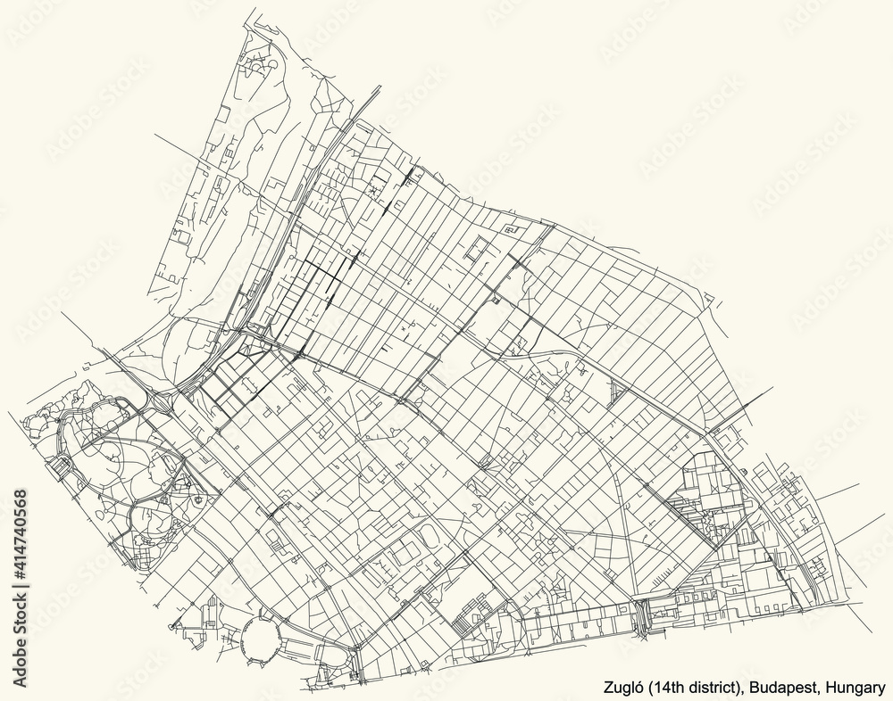 Fototapeta premium Black simple detailed street roads map on vintage beige background of the neighbourhood Zugló 14th district (XIV kerület) of Budapest, Hungary