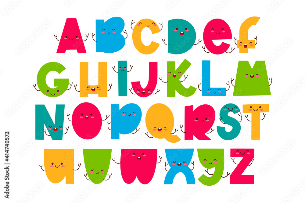 Children font in the cartoon style. Funny letters with cute faces. Colorful typography. Vector alphabet.