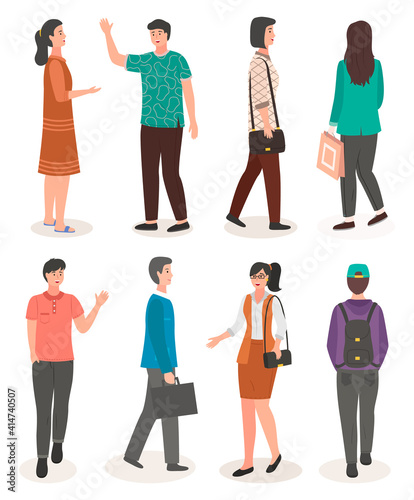 Set of different people from side, front, back view. People walking at city streets isolated. Guy with backpack, businesswoman, woman with package, businessman with briefcase, guy waving hand