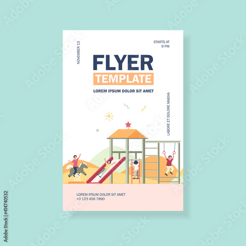 Happy children playing on playground with friends isolated flat vector illustration. Playful kids having fun, laughing and enjoying life. Childhood, playtime and summer activity concept