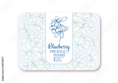Blueberry Ripe berries. Template for product label, cosmetic packaging. Easy to edit. Graphic drawing, engraving style. Vector illustration.