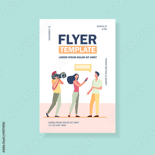 Camera crew making reportage. Journalist interviewing man while operator shooting flat vector illustration. Broadcasting, communication, tv concept for banner, website design or landing web page