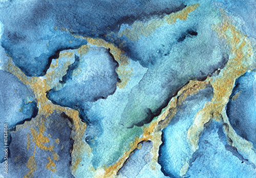 Illustration of watercolor liquid marble purple-blue indigo with gold. hand-drawn. wallpaper, background, place for text. for design, cards, flyers, banners