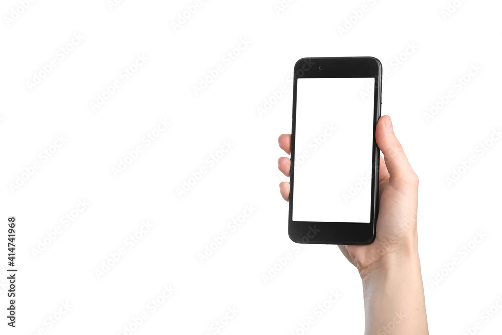 Woman hand holding black smartphone with blank white screen and modern frame isolated on white background Woman hand holding black smartphone with blank white screen and modern frame isolated on white background
