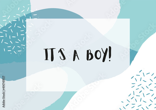 It's a Boy baby shower card. Abstract blue wavy shapes background. 