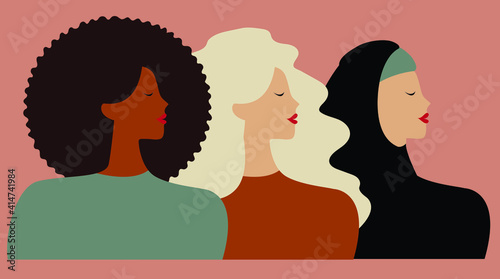 International women or mother day portrait from different nationalities and cultures. Flat isolated of confident females background. Women's empowerment movement concept. Vector illustration.