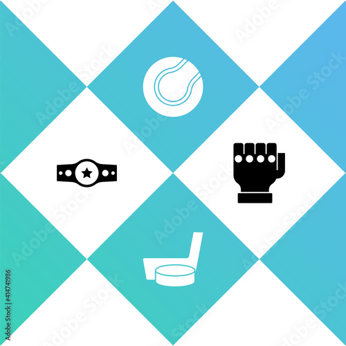 Set Boxing belt, Ice hockey stick and puck, Tennis ball and MMA glove icon. Vector.