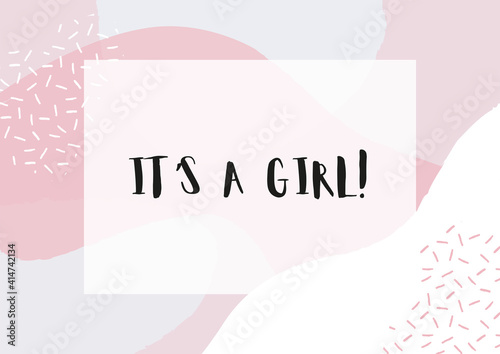 It's a Girl baby shower card. Abstract pink wavy shapes background. 