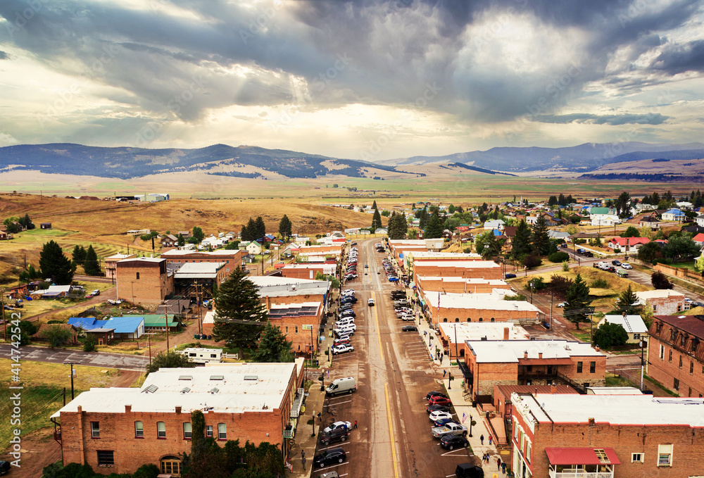Aerial view of Broadway Street of Philipsburg, Montana, Philipsburg is a town in and the county seat of Granite County, Montana, United States.