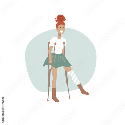 Young injured woman with a bandaged leg on crutches , full length portrait. Vector flat illustration concept.