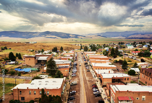 Obraz na płótnie Aerial view of Broadway Street of Philipsburg, Montana, Philipsburg is a town in and the county seat of Granite County, Montana, United States. w salonie