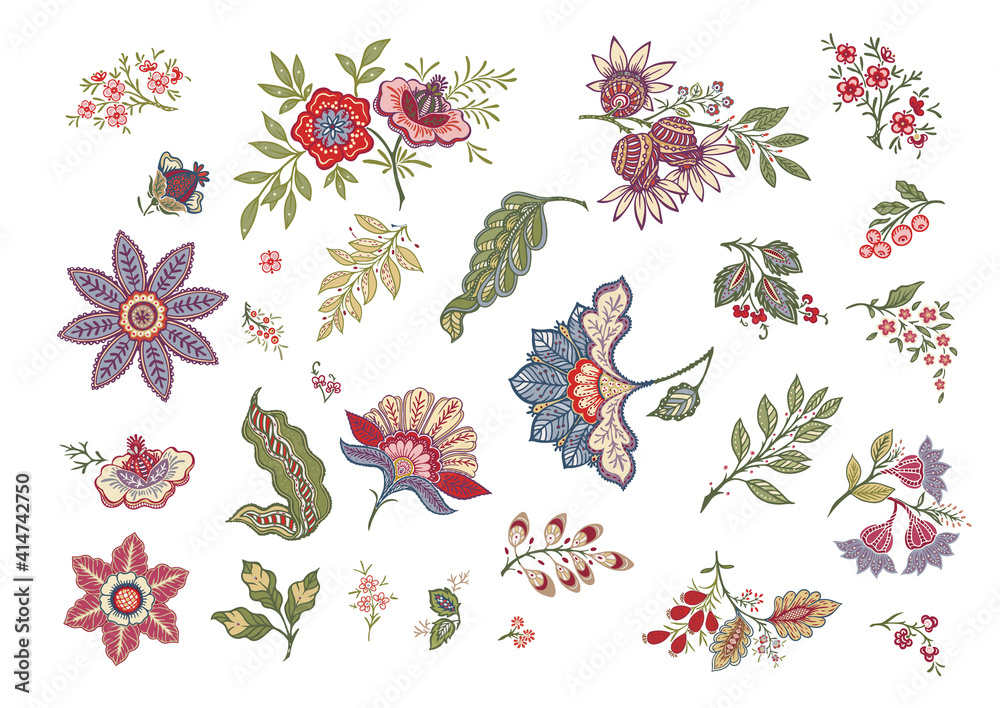Set of pattern elements with stylized ornamental flowers in retro, vintage style. Jacobin embroidery. Colored vector illustration In pink