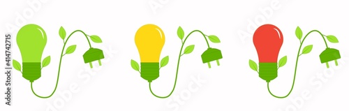 Red, yellow and green Eco-lamps with a wire and a socket, sprouted with leaves. The concept is energy saving, energy saving lamps, natural resources and ecology. Vector image. Banner