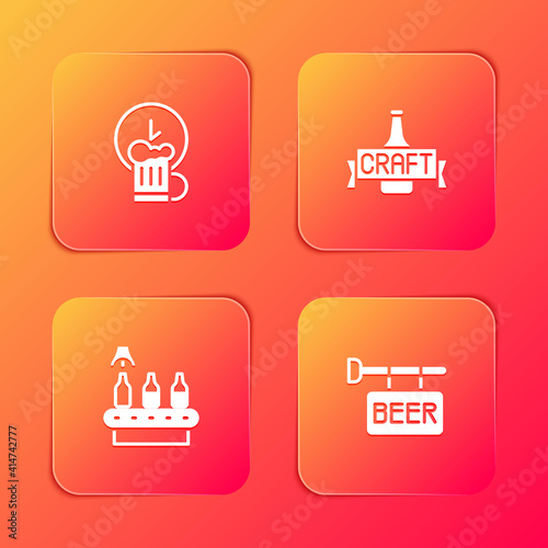 Set Happy hour, Beer bottle, Conveyor band, beer and Street signboard with icon. Vector.