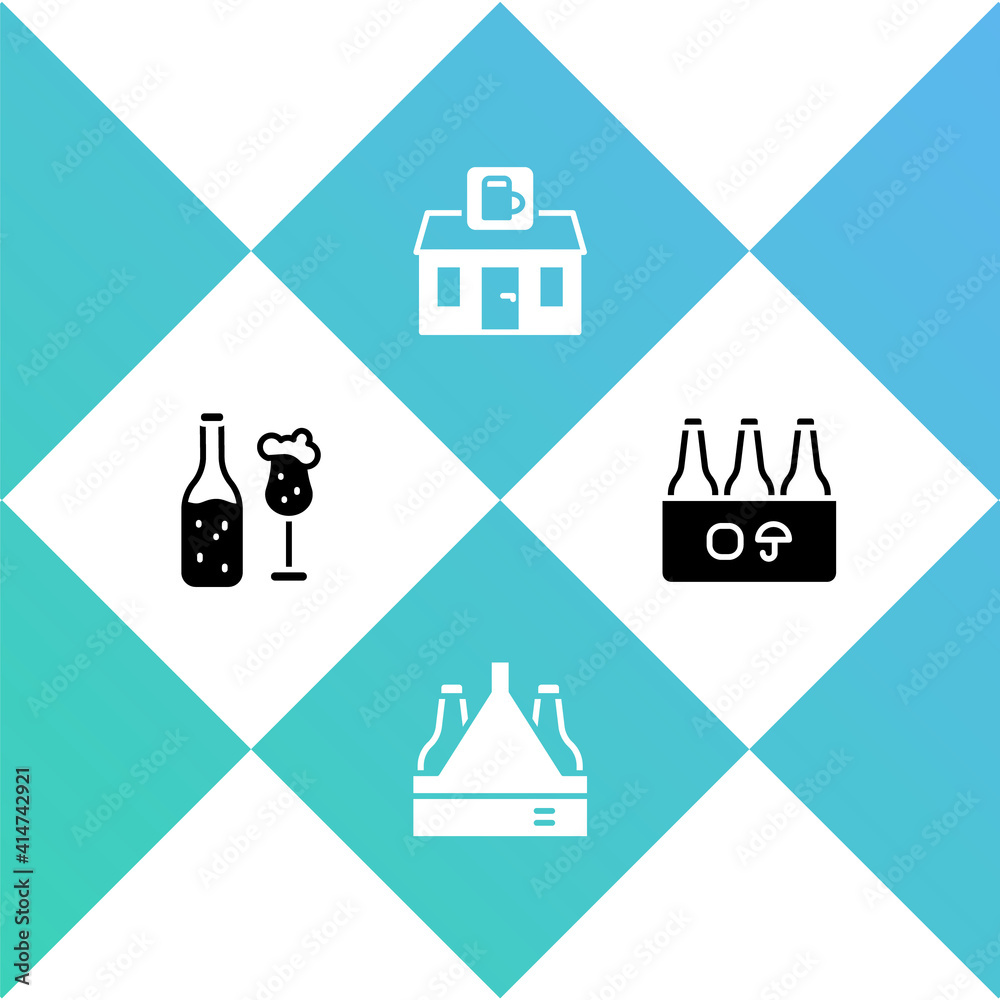 Set Beer bottle and glass, Pack of beer bottles, Store building shop and icon. Vector.
