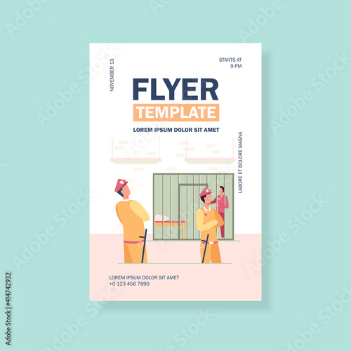 Criminals and guards in state prison. Policemen watching prisoners in cells of police department. Vector illustration for investigation, justice, jail concept