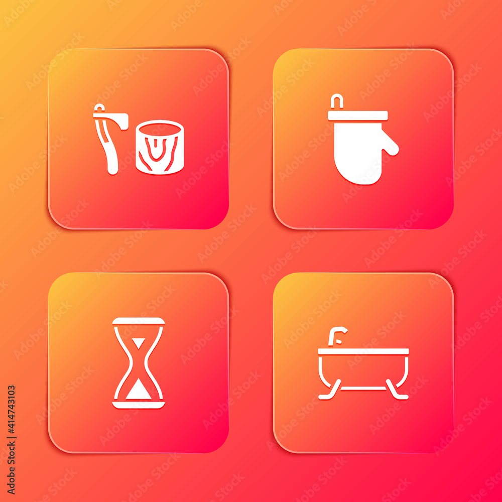 Set Wooden axe in stump, Sauna mittens, hourglass and Bathtub icon. Vector. Set Wooden axe in stump, Sauna mittens, hourglass and Bathtub icon. Vector.
