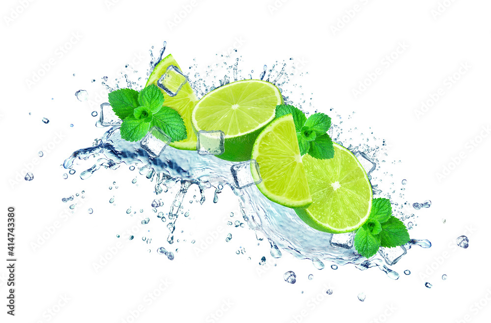 lime water splash, ice cubes isolated on white Stock Photo | Adobe Stock