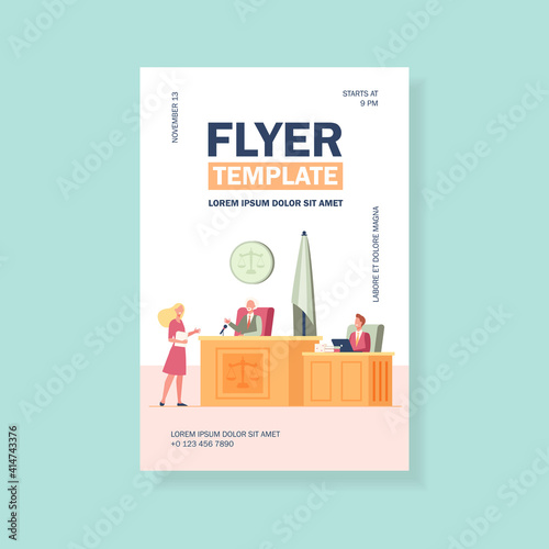 Female attorney standing in front of judge and talking isolated flat vector illustration. Cartoon courtroom or courthouse during trial. Justice and law concept