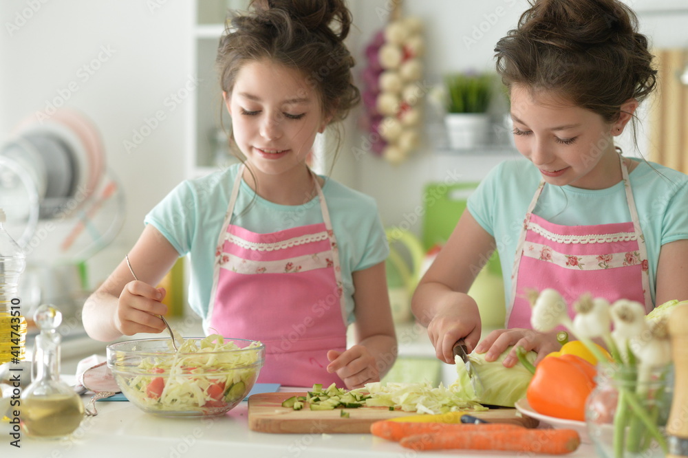 Cute girls preparing delicious fresh salad in kitchen Cute girls preparing delicious fresh salad in kitchen