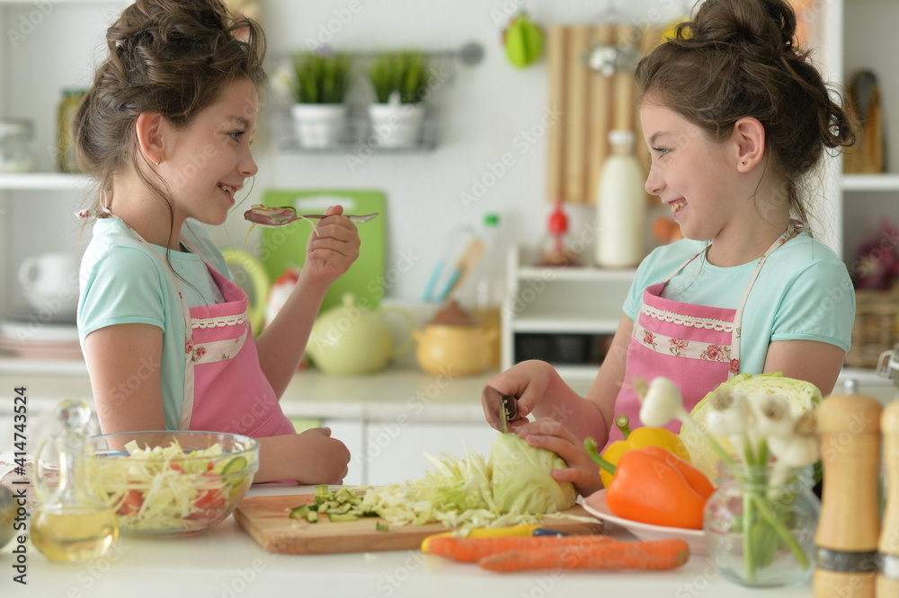 Cute girls preparing delicious fresh salad in kitchen Cute girls preparing delicious fresh salad in kitchen