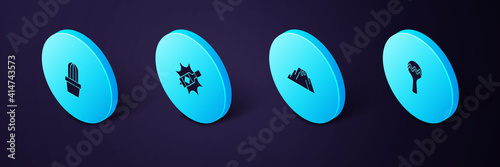 Set Isometric Maracas, Volcano eruption with lava, Tabasco sauce and Cactus or succulent in pot icon. Vector.