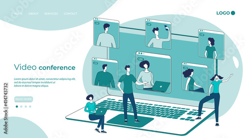 Video conference.People in the background of a laptop are holding a business meeting.The concept of using modern technologies.Flat vector illustration.The landing page template.