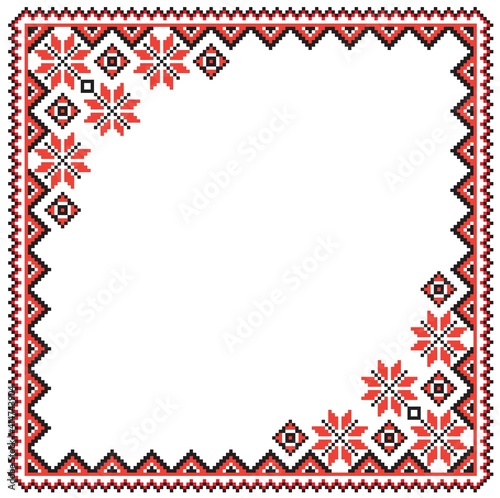 
Frame with national Ukrainian floral design in red and black. Textiles for cafes and restaurants.