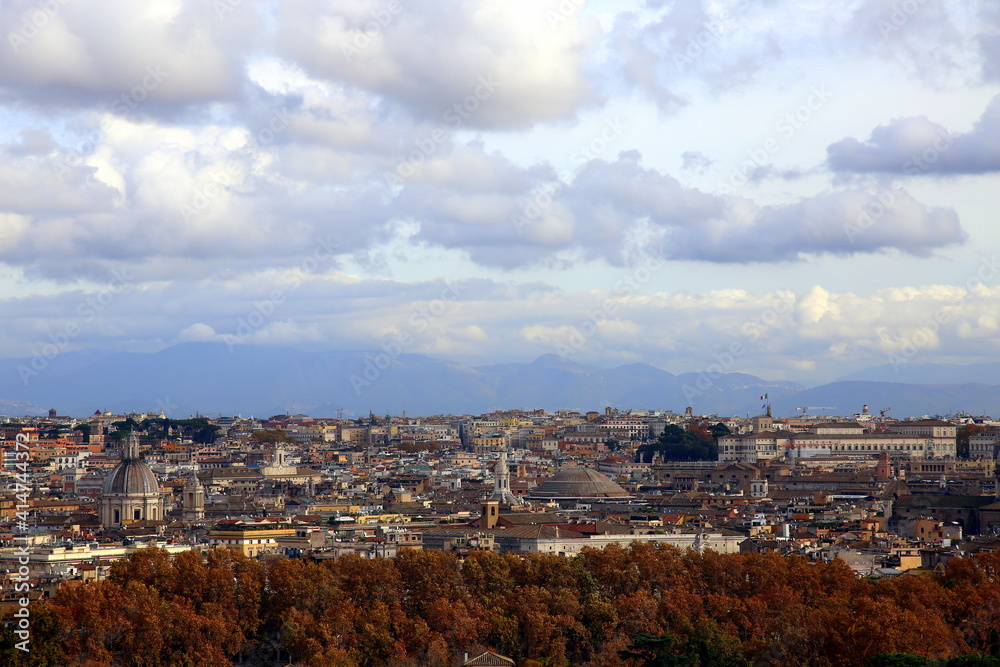 Panorama of Rome seen from the Gianicolo  hill, on a gray cloudy day, Italy