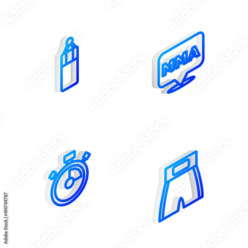 Set Isometric line Fight club MMA, Punching bag, Stopwatch and Boxing short icon. Vector.