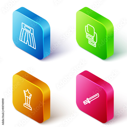 Set Isometric line Boxing short, glove, Award cup and Japanese katana icon. Vector.