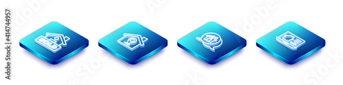 Set Isometric line Hanging sign with text Sold, Location house, Real estate message and Online real icon. Vector.