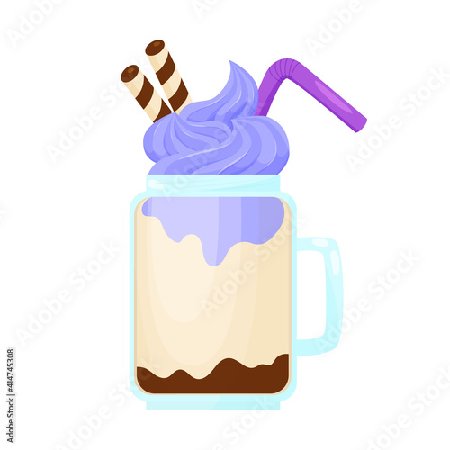 illustration of milkshake with blueberry blue cream and candy cane with chocolate stick.in a mug with a handle.cocktail with a purple tube.for design,postcards,menus for restaurants,cafe.cartoon style