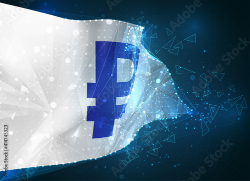 currency rubles, vector flag, virtual abstract 3D object from triangular polygons on a blue background