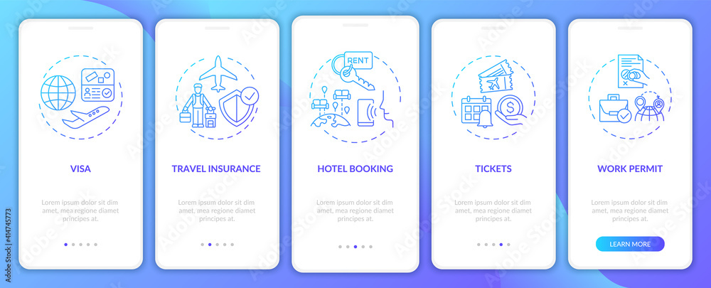 Business trip requirements onboarding mobile app page screen with concepts. Work permit walkthrough 5 steps graphic instructions. Getting visa. UI vector template with RGB color illustrations