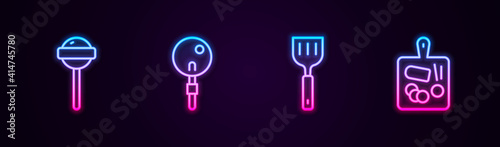 Set line Lollipop, , Spatula and Cutting board. Glowing neon icon. Vector.