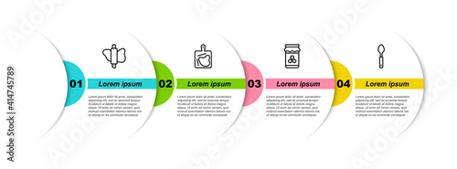 Set line Rolling pin on dough, Cutting board, Jar of honey and Spoon. Business infographic template. Vector.