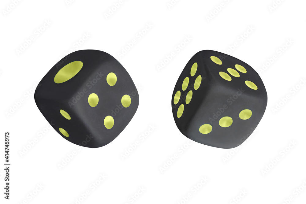 Two black dice isolated on white. One, two, four and three, five, six. Template for the designer, macro photography. Two black dice isolated on white. One, two, four and three, five, six. Template for the designer, macro photography.