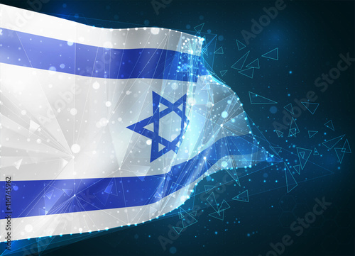 Israel,  vector flag, virtual abstract 3D object from triangular polygons on a blue background